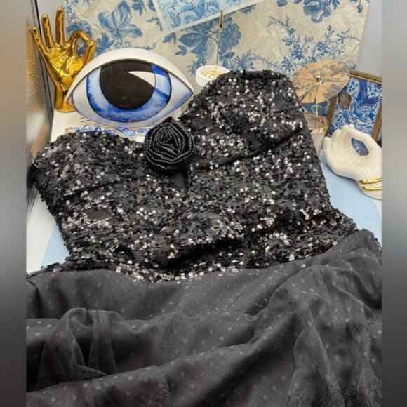 🆕REBECCA VALLANCE 🧿 NWOT Diana Black Sequined Mesh Trimmed Gown Sz AU 14 US 10 - Picture 12 of 16